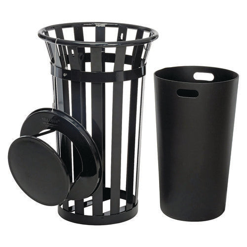 Image of Global Industrial® 260803BK Outdoor Slatted Steel Trash Can, Rain Bonnet Lid, 24 gal, Black