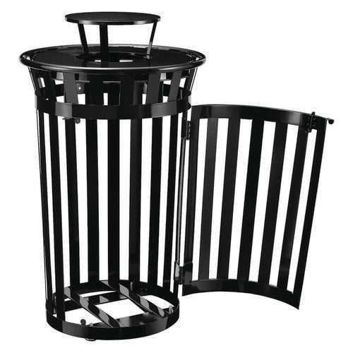 Image of Global Industrial® 261941BK Outdoor Slatted Steel Trash Can, With Access Door and Rain Bonnet Lid, 36 gal, Black