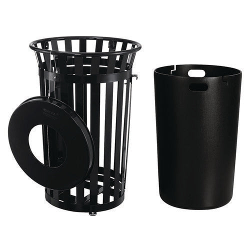 Image of Global Industrial® 261940BK Outdoor Slatted Steel Trash Can, With Access Door, 36 gal, Steel Black