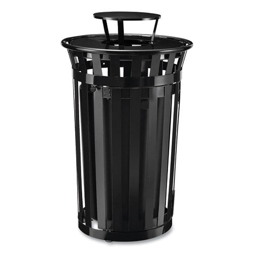 Image of Global Industrial® 261941BK Outdoor Slatted Steel Trash Can, With Access Door and Rain Bonnet Lid, 36 gal, Black