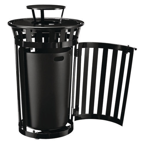 Image of Global Industrial® 261941BK Outdoor Slatted Steel Trash Can, With Access Door and Rain Bonnet Lid, 36 gal, Black