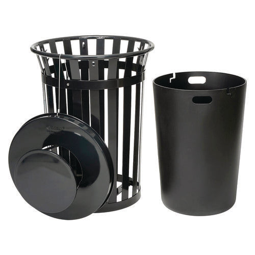 Image of Global Industrial® 260804BK Outdoor Slatted Steel Trash Can, Rain Bonnet Lid, 36 gal, Black
