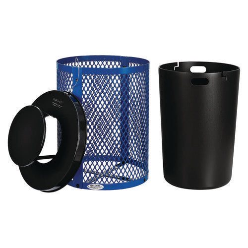 Image of Global Industrial® 261926BL Outdoor Diamond Steel Trash Can, Rain Bonnet Lid, 36 gal, Blue