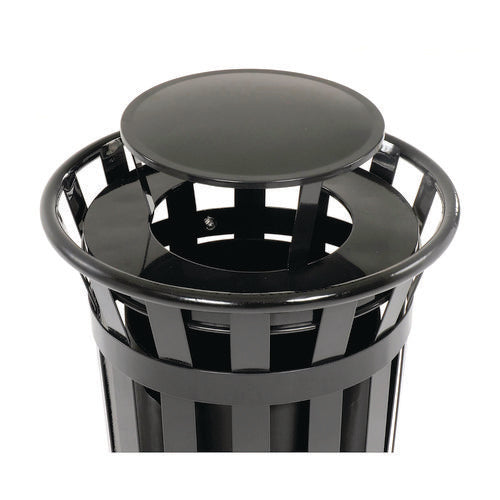 Image of Global Industrial® 260803BK Outdoor Slatted Steel Trash Can, Rain Bonnet Lid, 24 gal, Black