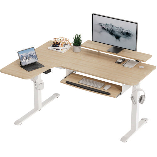 Image of Eureka Ergonomic® ERK-EHD-L60L-MW L-Shaped Standing Desk with Keyboard Tray, Left Desk, 61.25" x 43.25" x 34.38" to 52.88", Maple White/White