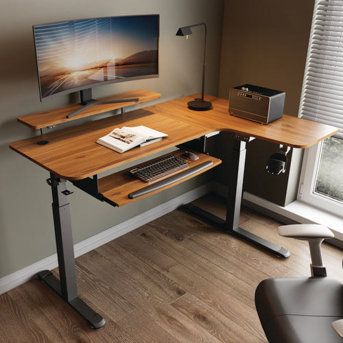 Image of Eureka Ergonomic® ERK-EHD-L60R-WN L-Shaped Standing Desk with Keyboard Tray, Right Desk, 61.25" x 43.25" x 34.38" to 52.88", Walnut/Black