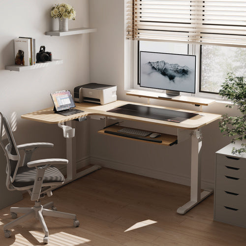 Image of Eureka Ergonomic® ERK-EHD-L60L-MW L-Shaped Standing Desk with Keyboard Tray, Left Desk, 61.25" x 43.25" x 34.38" to 52.88", Maple White/White