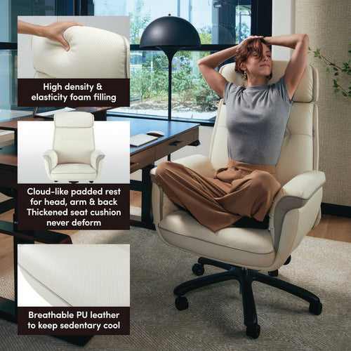 Image of Eureka Ergonomic® ERK-OC-003-OW Royal Executive Office Chair, Support up to 300 lb, 19.46"-22.26" Seat Height, White PU Leather Seat, White Faux Leather Back