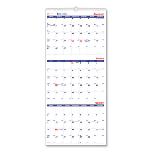 Image of BrownlineÂ® Three-Month Wall Calendar, 12.25" x 27", White/Blue Sheets, 14-Months: Dec 2024 to Jan 2026