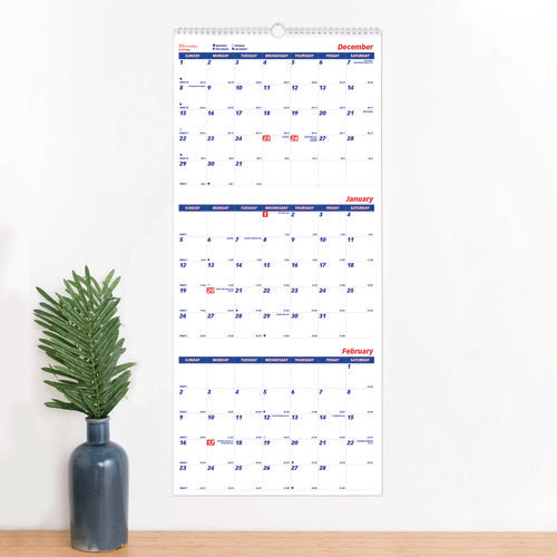Image of BrownlineÂ® Three-Month Wall Calendar, 12.25" x 27", White/Blue Sheets, 14-Months: Dec 2024 to Jan 2026