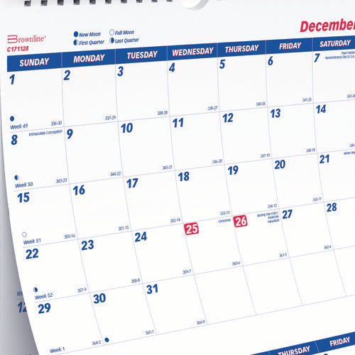 Image of BrownlineÂ® Three-Month Wall Calendar, 12.25" x 27", White/Blue Sheets, 14-Months: Dec 2024 to Jan 2026