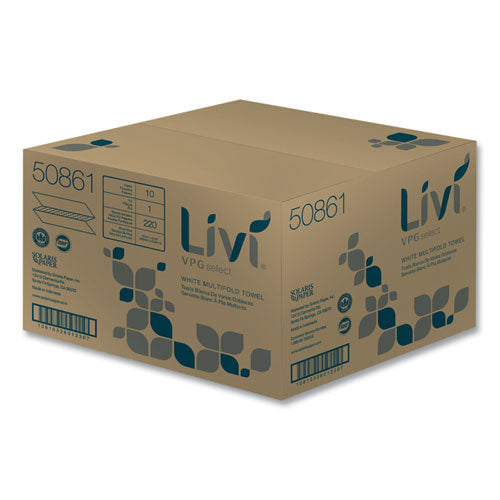 Image of Livi® VPG Select 50861 Multifold Towel, 1-Ply, 9.45 x 10.55, White, 220 Sheets/Pack, 10 Packs/Carton