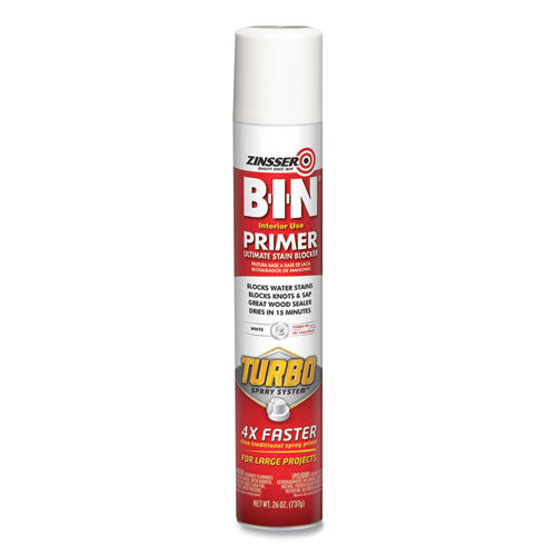 Image of Zinsser® 356880 BIN Aerosol Primer with Turbo Spray System, Interior, Flat White, 26 oz Aerosol Can, 6/Carton