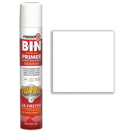Image of Zinsser® 356880 BIN Aerosol Primer with Turbo Spray System, Interior, Flat White, 26 oz Aerosol Can, 6/Carton