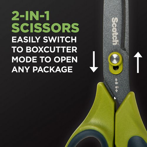 Image of Scotch 1488NS Non-Stick Unboxing Scissors, 8" Long, 2.7" Cut Length, Straight Green/Black Handle