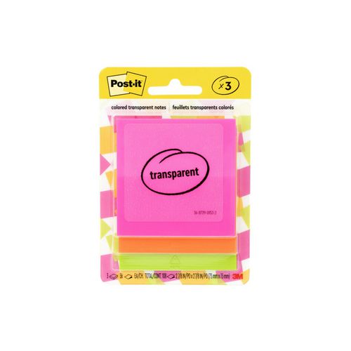 Image of Post-it® 600-3COL Transparent Notes, 2.88" x 2.88", Assorted Colors, 36 Sheets/Pad, 3 Pads/Pack