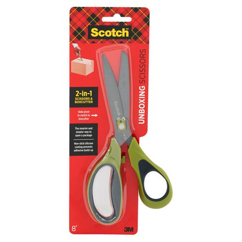 Image of Scotch 1488NS Non-Stick Unboxing Scissors, 8" Long, 2.7" Cut Length, Straight Green/Black Handle