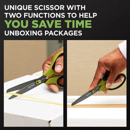 Image of Scotch 1488NS Non-Stick Unboxing Scissors, 8" Long, 2.7" Cut Length, Straight Green/Black Handle