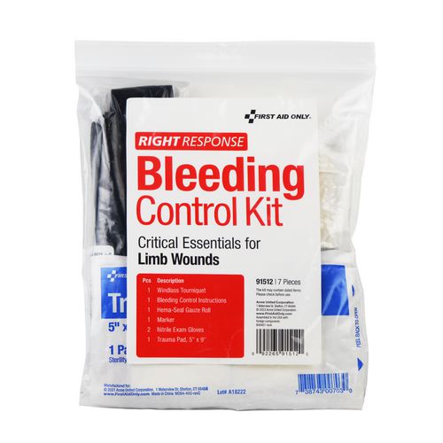 Image of First Aid Only 91512 Critical Essentials Bleeding Control Kit for Limb Wounds, 8 Pieces, Plastic Bag