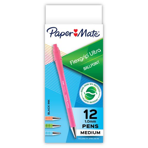 Image of Paper Mate® 2204001 FlexGrip Ultra Recycled Ballpoint Pen, Retractable, Medium 1 mm, Black Ink, Assorted Barrel Colors, Dozen