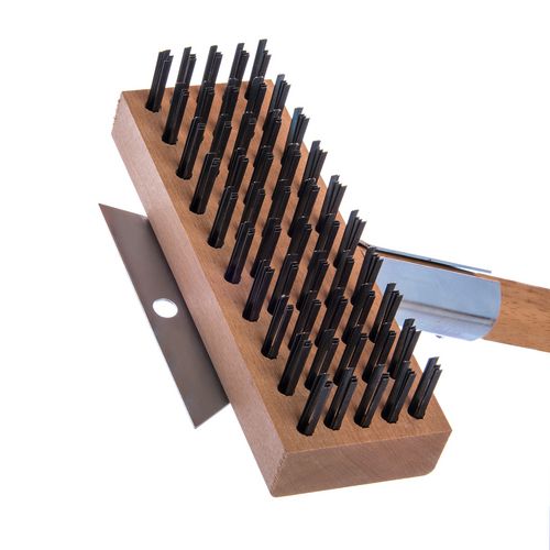 Image of Carlisle 36372500 Sparta Broiler Master Grill Brush and Scraper with Handle, Metal Bristles, 30" Natural Wood Handle