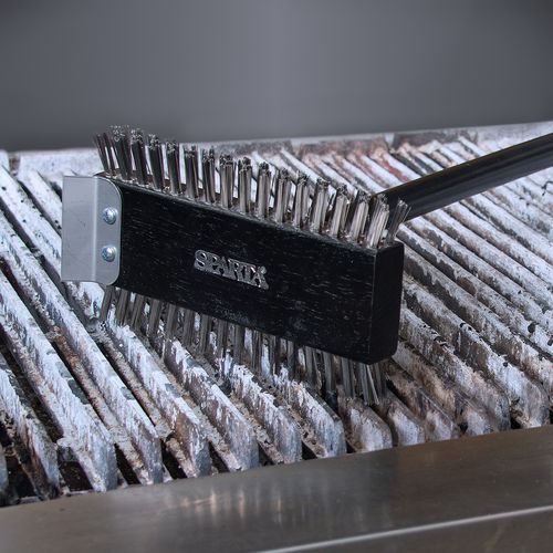 Image of Carlisle 4029000 Sparta Broiler Master Grill Brush and Scraper with Handle, Metal Bristles, 30.5" Black Wood Handle