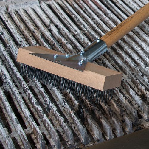 Image of Carlisle 36372500 Sparta Broiler Master Grill Brush and Scraper with Handle, Metal Bristles, 30" Natural Wood Handle