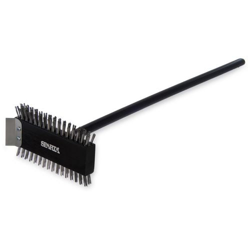Image of Carlisle 4029000 Sparta Broiler Master Grill Brush and Scraper with Handle, Metal Bristles, 30.5" Black Wood Handle