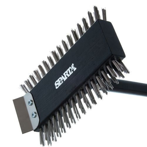Image of Carlisle 4029000 Sparta Broiler Master Grill Brush and Scraper with Handle, Metal Bristles, 30.5" Black Wood Handle