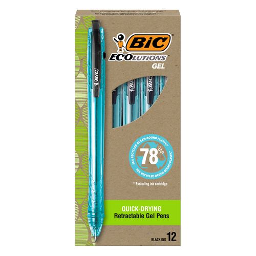 Image of BIC® RGLE11 BLK Ecolutions Gel Pen, Retractable, Medium 1 mm, Black Ink, Blue Barrel, Dozen