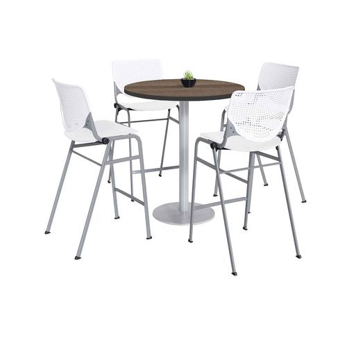 Image of KFI Studios 811774037273 Pedestal Bistro Table with Four White Kool Series Barstools, Round, 36" Dia x 41h, Studio Teak