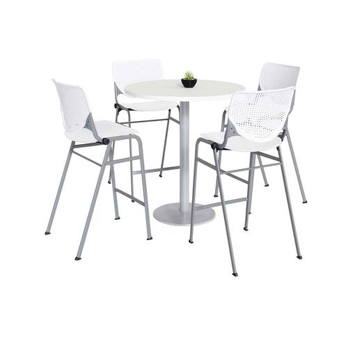 Image of KFI Studios 811774037075 Pedestal Bistro Table with Four White Kool Series Barstools, Round, 36" Dia x 41h, Designer White