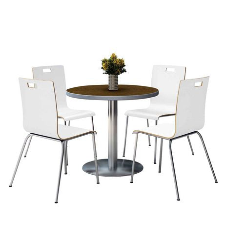 Image of KFI Studios 810389025088 Pedestal Table with Four White Jive Series Chairs, Round, 36" Dia x 29h, Walnut