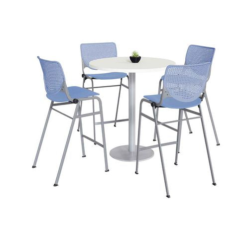 Image of KFI Studios 811774037136 Pedestal Bistro Table with Four Periwinkle Kool Series Barstools, Round, 36" Dia x 41h, Designer White