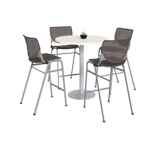 Image of KFI Studios 811774037129 Pedestal Bistro Table with Four Brownstone Kool Series Barstools, Round, 36" Dia x 41h, Designer White