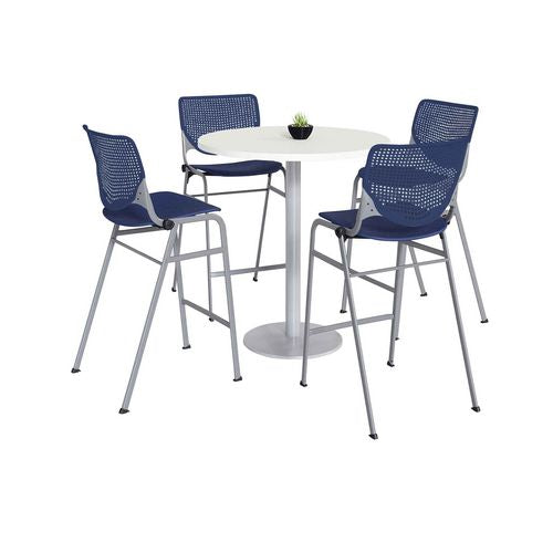 Image of KFI Studios 811774037051 Pedestal Bistro Table with Four Navy Kool Series Barstools, Round, 36" Dia x 41h, Designer White