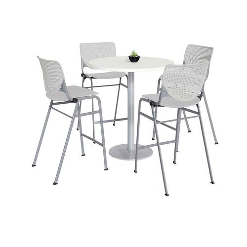 Image of KFI Studios 811774037105 Pedestal Bistro Table with Four Light Gray Kool Series Barstools, Round, 36" Dia x 41h, Designer White