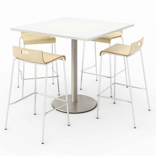 Image of KFI Studios 811774039895 Pedestal Bistro Table with Four Natural Jive Series Barstools, Square, 36 x 36 x 41, Designer White
