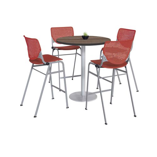 Image of KFI Studios 811774037303 Pedestal Bistro Table with Four Coral Kool Series Barstools, Round, 36" Dia x 41h, Studio Teak