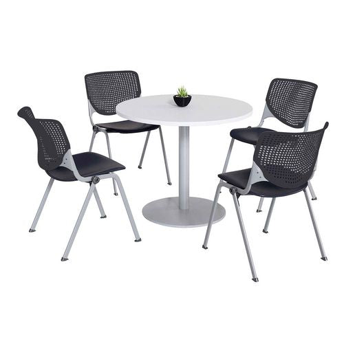 Image of KFI Studios 811774036696 Pedestal Table with Four Black Kool Series Chairs, Round, 36" Dia x 29h, Designer White