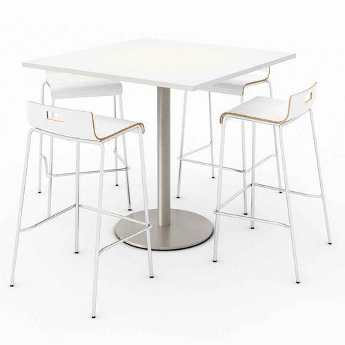 Image of KFI Studios 811774039918 Pedestal Bistro Table with Four White Jive Series Barstools, Square, 36 x 36 x 41, Designer White