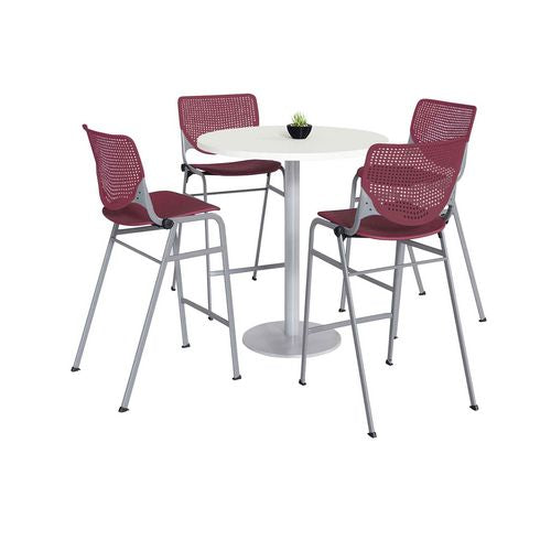 Image of KFI Studios 811774037068 Pedestal Bistro Table with Four Burgundy Kool Series Barstools, Round, 36" Dia x 41h, Designer White