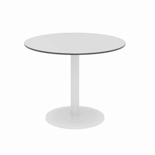 Image of KFI Studios 840031918499 Eveleen Outdoor Patio Table, Four Gray Powder-Coated Polymer Chairs, Round, 36" Dia x 29h, White