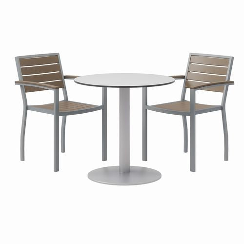 Image of KFI Studios 840031918444 Eveleen Outdoor Patio Table with Two Mocha Powder-Coated Polymer Chairs, 30" Dia x 29h, Gray