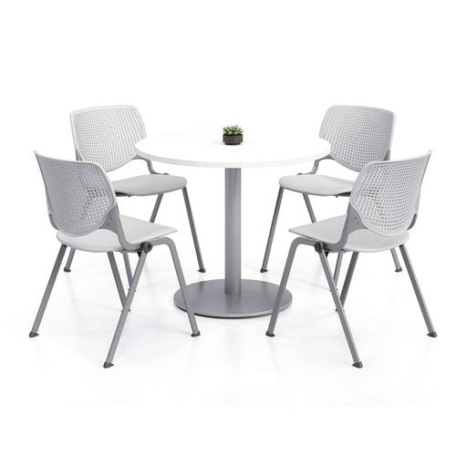 Image of KFI Studios 811774036719 Pedestal Table with Four Light Gray Kool Series Chairs, Round, 36" Dia x 29h, Designer White