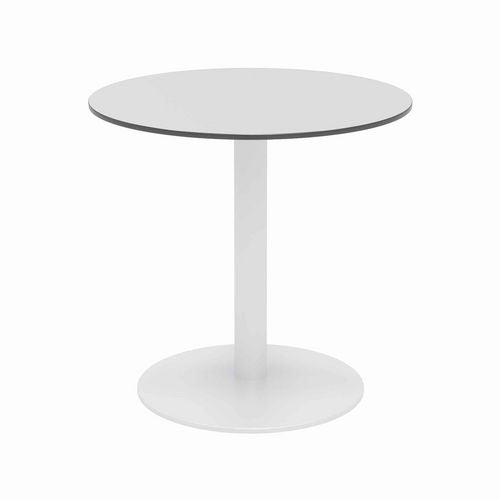 Image of KFI Studios 840031918451 Eveleen Outdoor Patio Table with Two Gray Powder-Coated Polymer Chairs, 30" Dia x 29h, Designer White