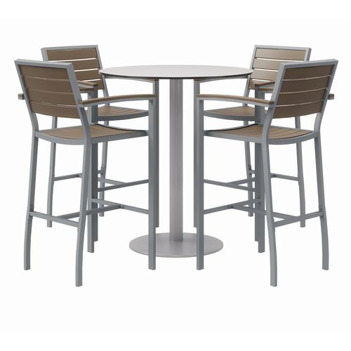 Image of KFI Studios 840031918505 Eveleen Outdoor Bistro Patio Table with Four Mocha Powder-Coated Polymer Barstools, Round, 41"h, Gray