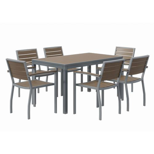 Image of KFI Studios 840031918529 Eveleen Outdoor Patio Table with Six Mocha Powder-Coated Polymer Chairs, 32 x 55 x 29, Mocha