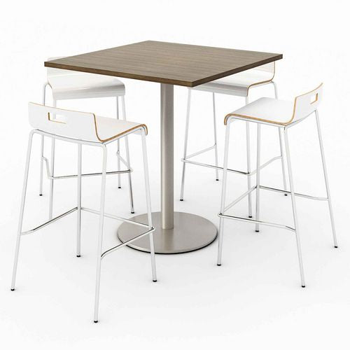 Image of KFI Studios 811774039932 Pedestal Bistro Table with Four White Jive Series Barstools, Square, 36 x 36 x 41, Studio Teak