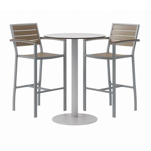 Image of KFI Studios 840031918468 Eveleen Outdoor Bistro Patio Table, Two Mocha Powder-Coated Polymer Barstools, Round, 30" Dia x 41h, Gray